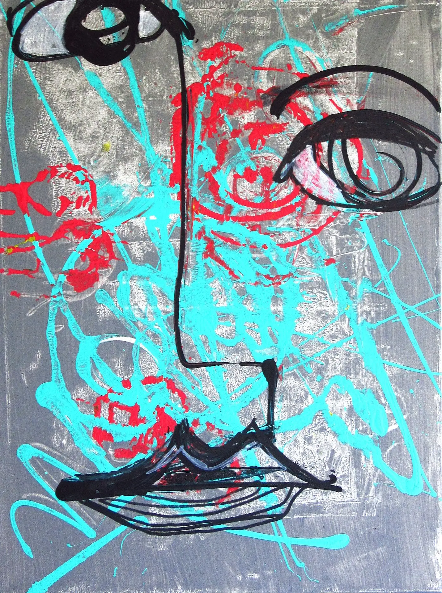 Abstract Expressionist Face Painting in Red, Aqua & Silver | Modern Emotional Wall Art on Canvas 18x24