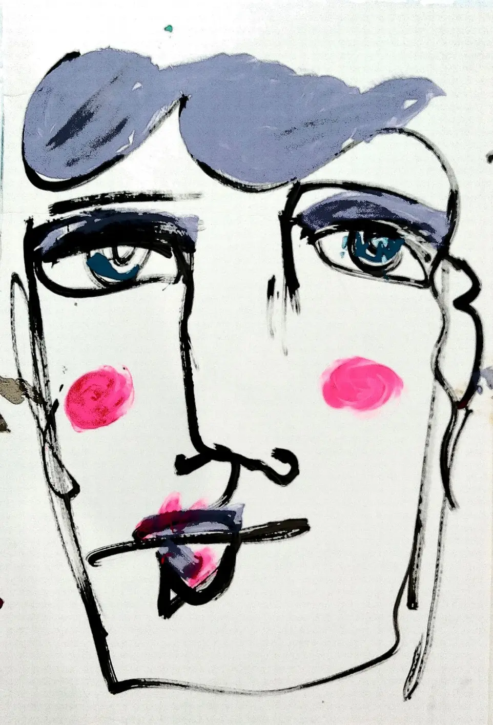 Modern Expression – Abstract Portrait with Pink Cheeks | Contemporary Face Line Art, Minimalist Acrylic Painting, Modern Wall Decor